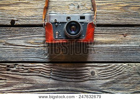 Retro Camera On Wood Table Background, Vintage Color Tone A