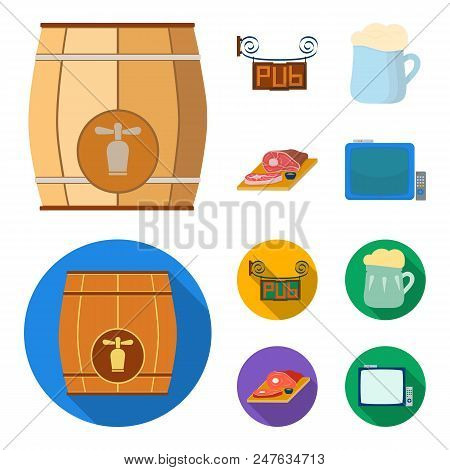 A Wooden Barrel With A Faucet, A Pub Sign, A Mug Of Beer, Pieces Of Meat On A Board.pub Set Collecti