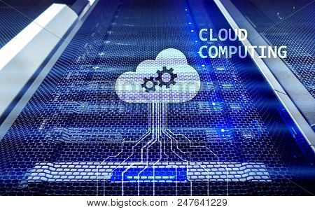 Big data analytics, internet and modern technology concept on server room background.