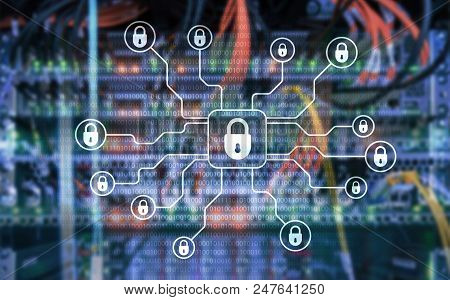 Big data analytics, internet and modern technology concept on server room background.