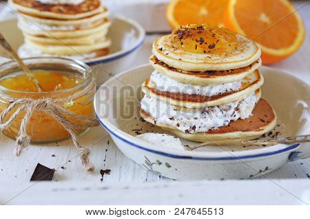 Ricotta Pancakes With Orange Jam And Chocolate, Two Servings