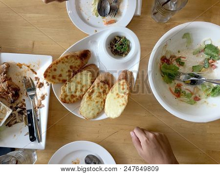 Enjoy Eating. Top View Of Friends, Family, Group Of People Have Eating Healthy Food Together After V