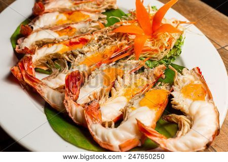 Grilled Shrimp With Shrimp Paste In White Dish Showing The Delicious Shrimp Paste Inside Its Shell O