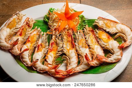 Grilled Shrimp With Shrimp Paste In White Dish Showing The Delicious Shrimp Paste Inside Its Shell O