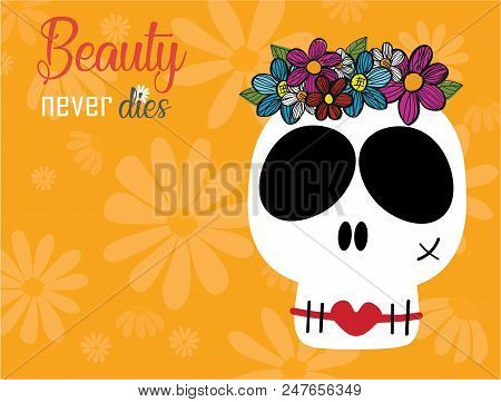 Funny Skulls Woman With Flower Crown On Yellow Floral  Background