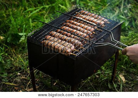 Lulya Kebab From Meat Are Prepared In The Grill. Shish Kebab In The Grill.