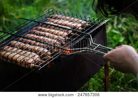 Lulya Kebab From Meat Are Prepared In The Grill. Shish Kebab In The Grill.