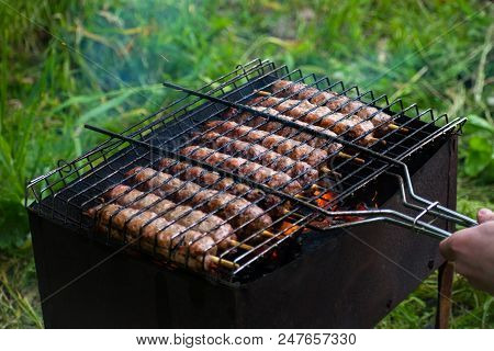 Lulya Kebab From Meat Are Prepared In The Grill. Shish Kebab In The Grill.