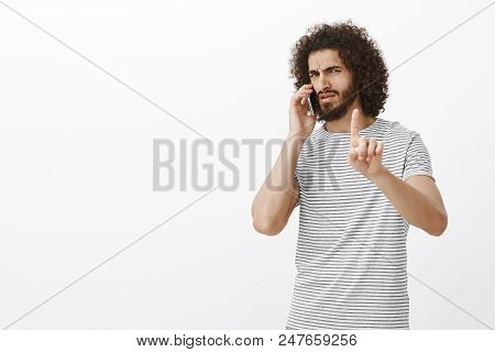 Wait Second, It Is Importrant Call. Bossy Masculine Attractive Man With Beard And Afro Hairstyle, Sh