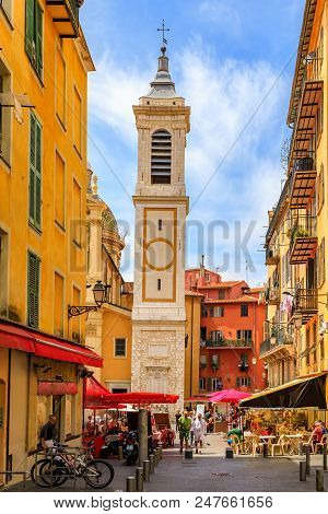 Nice, France - May 24, 2018: View Onto Famous Place Rossetti And Sainte Reparate Cathedral Basilique