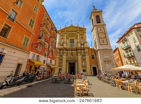 Nice, France - May 24, 2018: View Onto Famous Place Rossetti And Sainte Reparate Cathedral Basilique
