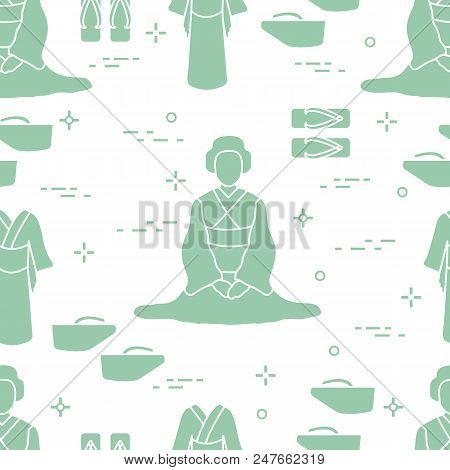 Seamless Pattern With Asian Woman, Traditional Japanese Clothing, Shoes. Travel And Leisure.