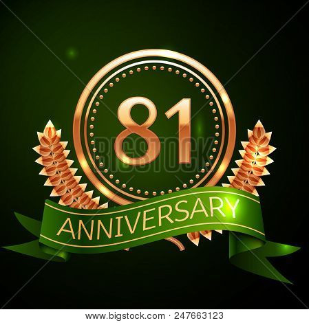 Realistic Eighty One Years Anniversary Celebration Design With Golden Ring And Laurel Wreath, Green 