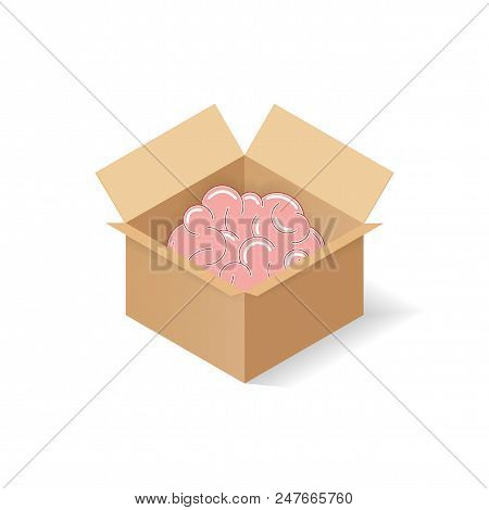 Big Pink Brain And Opened Cardboard Package Box Business Idea Concept. Flat Design Vector Illustrati