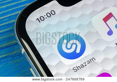 Sankt-petersburg, Russia, June 20, 2018: Shazam Application Icon On Apple Iphone X Screen Close-up. 