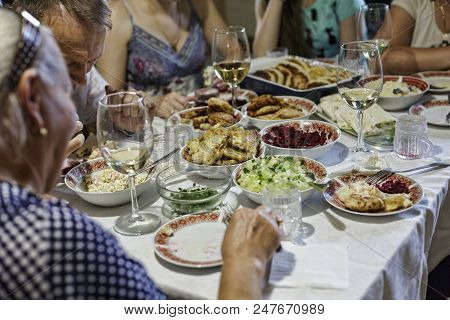 Birthday, Thanksgiving, Christmas, New Year, Festive Dinner, A Table, Big Family At Big Table Eating