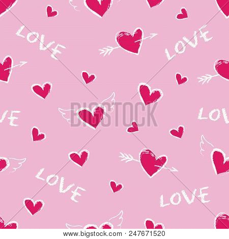 Happy Valentine Day Seamless Pattern. Raster Cute Hand Drawn Vintage Hearts With Angel Wings And Arr