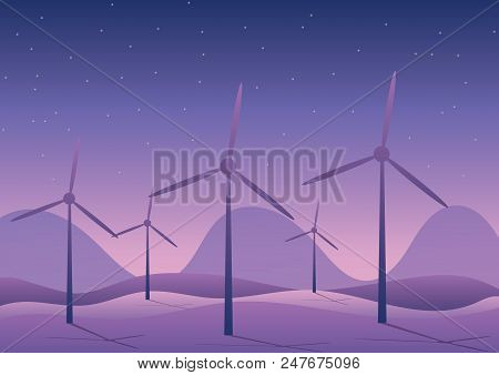 Wind Energy Against The Background Of The Evening Nature. Vector Image With Blue, Lilac And Pink Gra