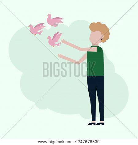 Girl Releases Pink Pigeons, Vector Illustration On A Turquoise Background