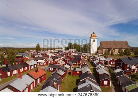 Gammelstad, Sweden - June 16, 2018: Aerial View Of The Gammelstad Church Town A Unesco World Heritag