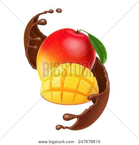 Mango Fruit In Chocolate, Coffee, Cacao. 3d Realistic Mango Cubes With Cocoa Splash.