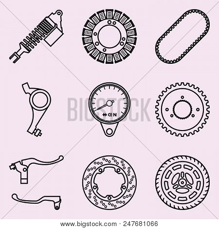 Set Of Motorcycle Parts On Slight Pink Backgrounds. Vector Thin Line