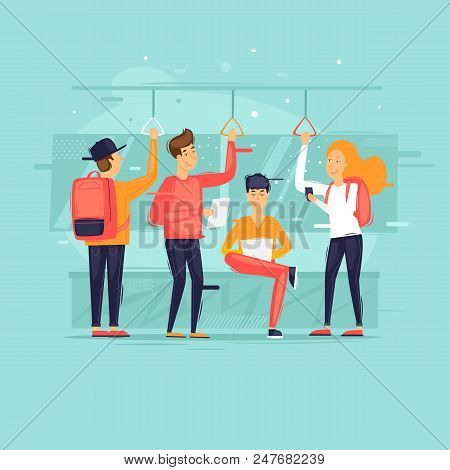 People Go By Public Transport, Metro, Bus, Train. Flat Design Vector Illustration.
