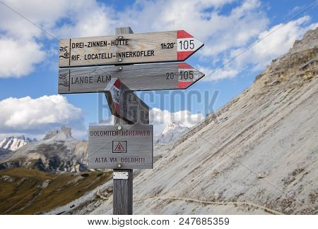 Singpost In The Dolomite Mountains, Northern Italy