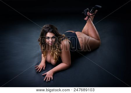 Plus Size Sexy Model In Lingerie, Fat Woman With Big Natural Breast On Black Studio Background, Over
