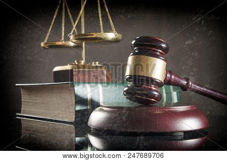 Old Styled Retro Photo Of Law And Justice Concept. Wooden Gavel And Weight Scale On Books