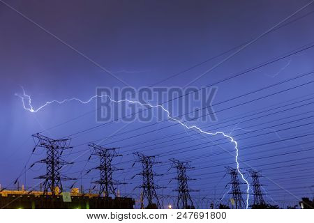 Lightning Strike On Electricity Power Lines And Sub Station In Suburban Area