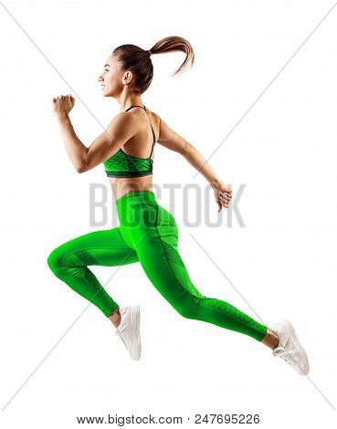 One Caucasian Woman Runner Jogger Running In Studio Isolated On White Background