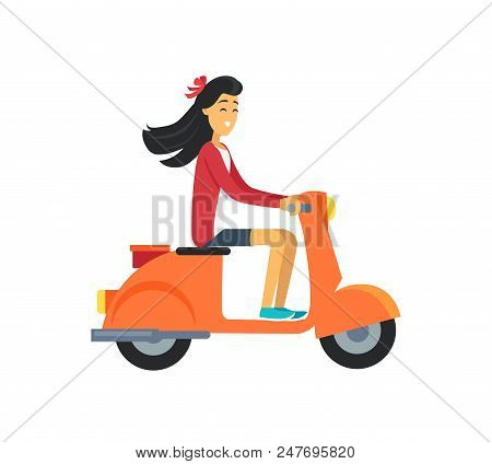 Happy Woman Dressed In Red Sweater With Bow In Hair Driving Orange Moped. Vector Illustration Of Fem