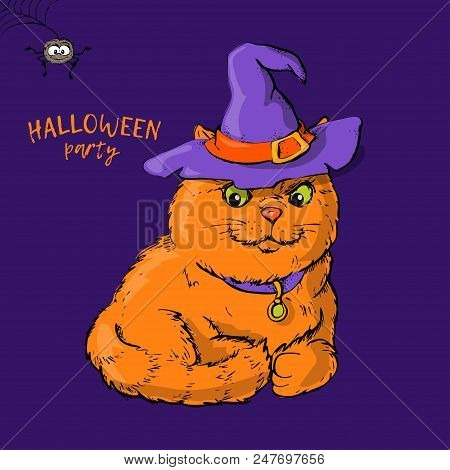 Cartoon Cute Dog Character In A Witch S Hat With A Skull Capkake And A Halloween. Vector Illustratio