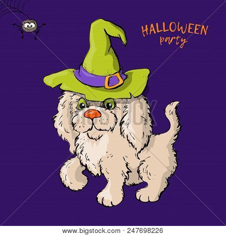 Cartoon Cute Dog Character In A Witch S Hat With A Skull Capkake And A Halloween. Vector Illustratio