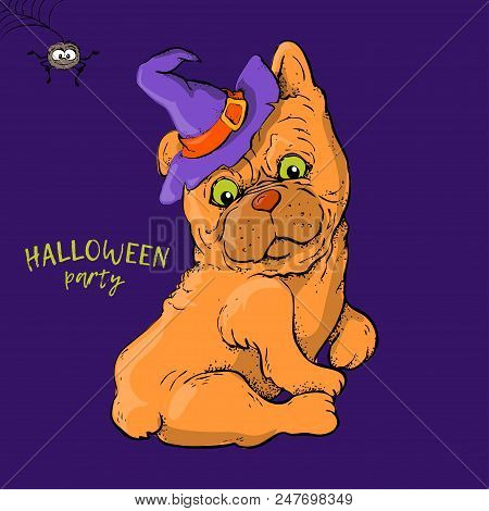 Cartoon Cute Dog Character In A Witch S Hat With A Skull Capkake And A Halloween. Vector Illustratio