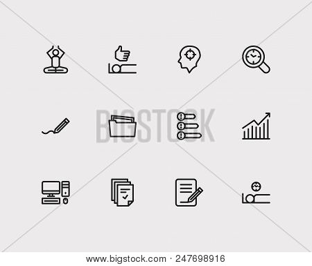 Multitasking Icons Set. Organize Workplace And Multitasking Icons With Mediate, Wake Up Earlier And 