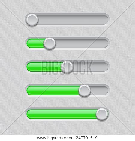 Slider Bars. Gray Green Volume Level Console. Vector 3d Illustration