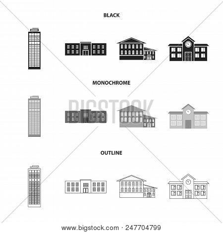 Skyscraper, Police, Hotel, School.building Set Collection Icons In Black, Monochrome, Outline Style 