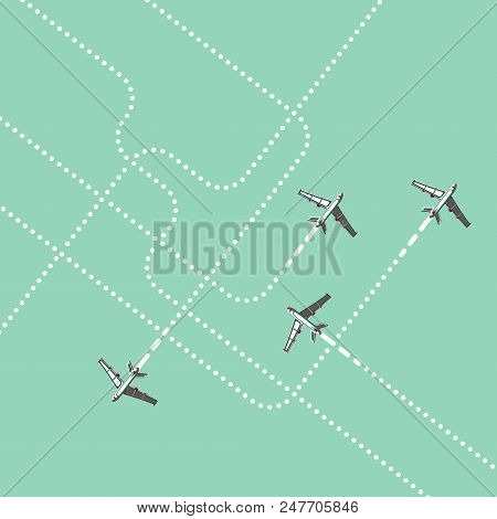Airplanes With Trails. Aircrafts Tracking. Vector Illustration