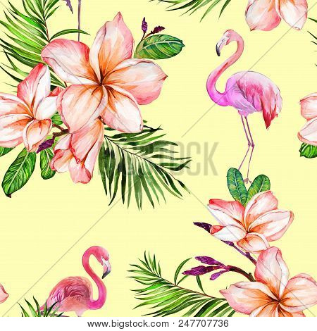 Beautiful Greater Flamingo And Plumeria Flowers On Yellow Background. Exotic Tropical Seamless Patte