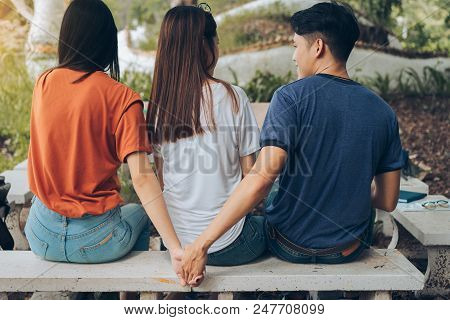Paramour And Divorce Secret Lovers Concept, Asian Couple Boyfriend Holding Hands Another Woman Back 