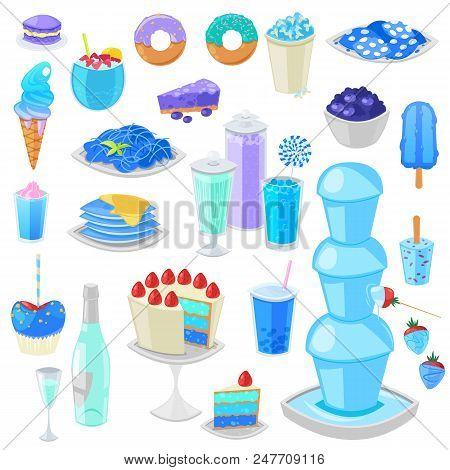 Blue Food Vector Bluish Cake With Blueberry And Sweet Dessert With Blueish Drinks Illustration Cyan 