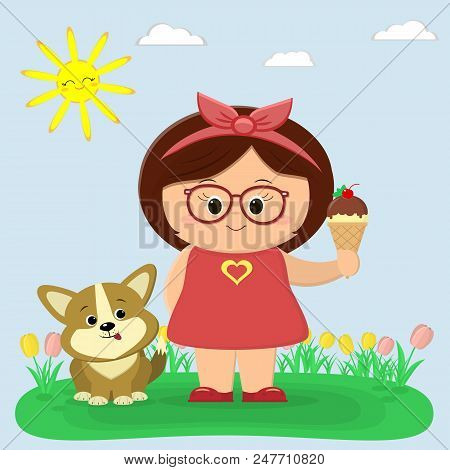 A Sweet Girl In A Red Dress And Glasses Is Holding Ice Cream. A Cogi Puppy Is Sitting Next To Him. G