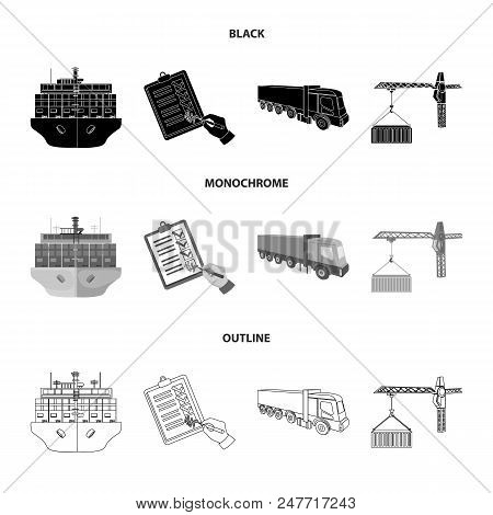 Sea Freight, Signature Of Delivery Documents, Truck, Tower Crane With A Container. Logistics And Del