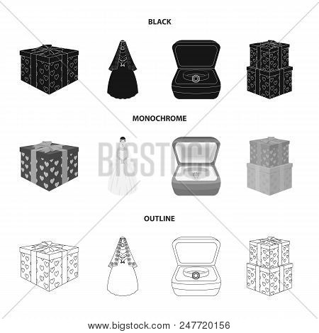 Wedding And Attributes Cartoon , Flat, Outline, Black Icons In Set Collection For Design.newlyweds A