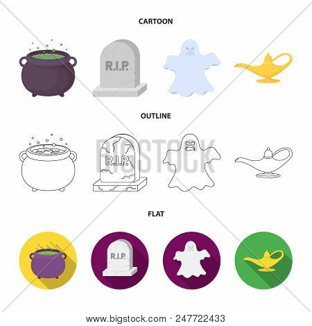 A Witch Cauldron, A Tombstone, A Ghost, A Gin Lamp.black And White Magic Set Collection Icons In Car