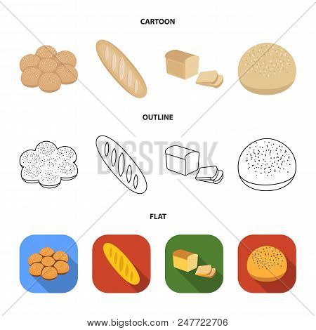 Cut Loaf, Bread Roll With Powder, Half Of Bread, Baking.bread Set Collection Icons In Cartoon, Outli