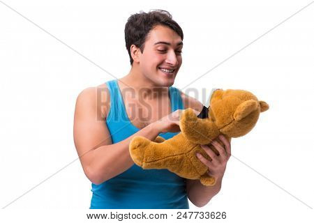 Young man with toy animal isolated on white background