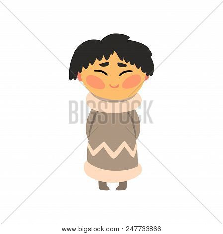 Eskimo Girl In National Clothes, Kid Cartoon Character In Traditional Costume Vector Illustration Is